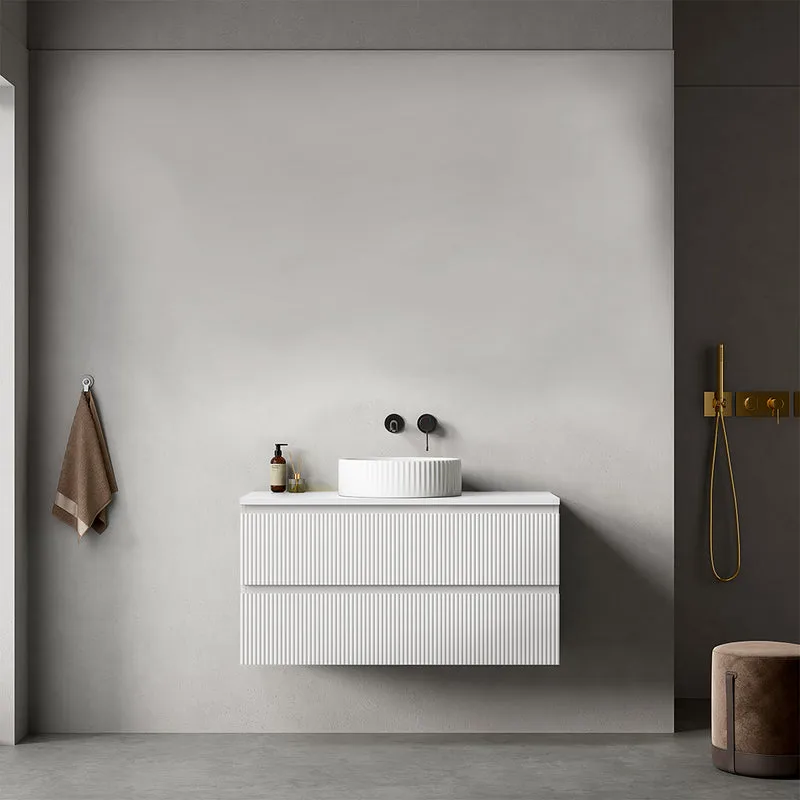Mobile bagno sospeso cannettato 100 cm Bianco Opaco per Lavabo d'appoggio Senza Specchio - Fiji Paint Top Canneté