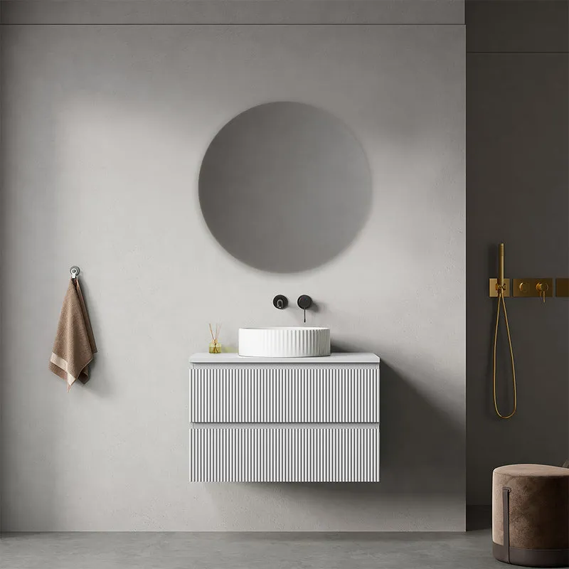 Mobile bagno sospeso cannettato 80 cm Bianco Opaco per Lavabo d'appoggio Specchio Tondo - Fiji Paint Top Canneté
