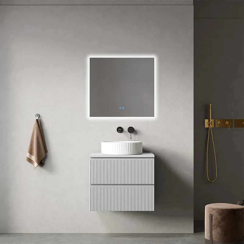 Mobile bagno sospeso cannettato 60 cm Bianco Opaco per Lavabo d'appoggio Specchio Quadro Retroilluminato - Fiji Paint Top Canneté