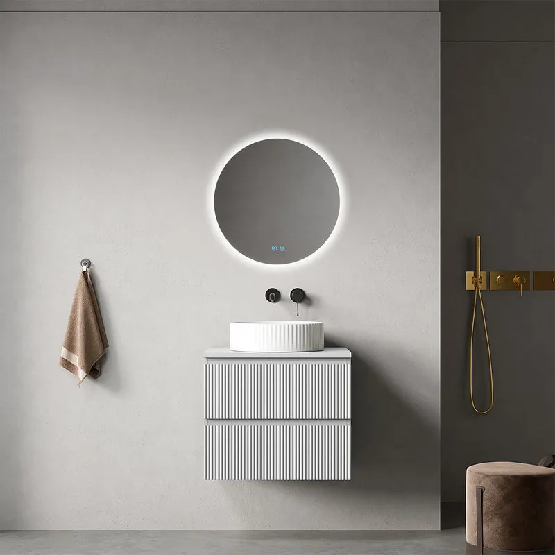 Mobile bagno sospeso cannettato 60 cm Bianco Opaco per Lavabo d'appoggio Specchio Tondo Retroilluminato - Fiji Paint Top Canneté