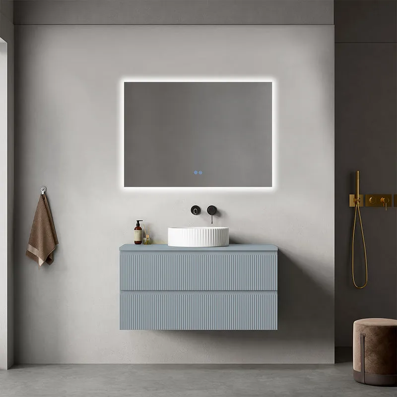 Mobile bagno sospeso cannettato 100 cm Blu Avio per Lavabo d'appoggio Specchio Quadro Retroilluminato - Fiji Paint Top Canneté