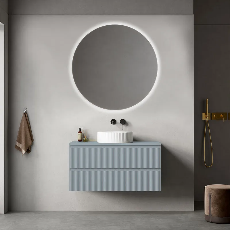 Mobile bagno sospeso cannettato 100 cm Blu Avio per Lavabo d'appoggio Specchio Tondo Retroilluminato - Fiji Paint Top Canneté