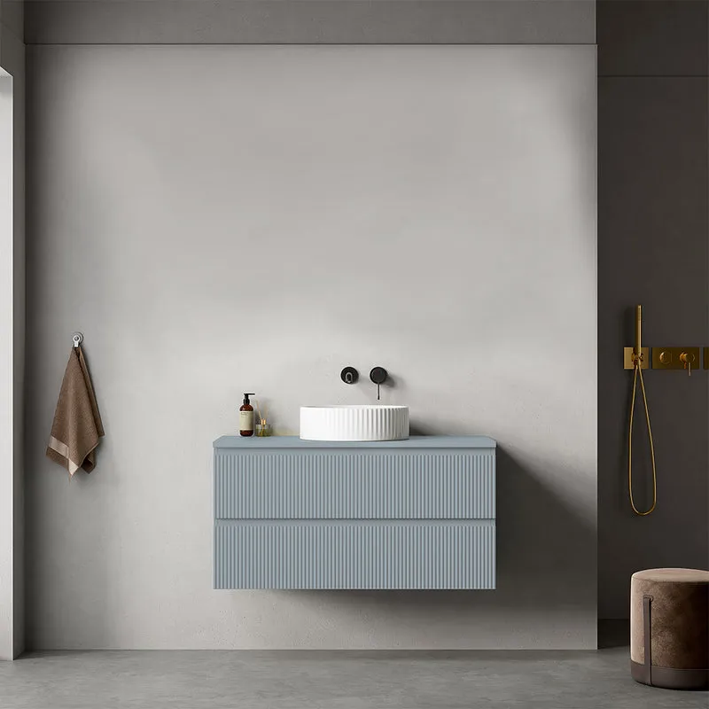 Mobile bagno sospeso cannettato 100 cm Blu Avio per Lavabo d'appoggio Senza Specchio - Fiji Paint Top Canneté
