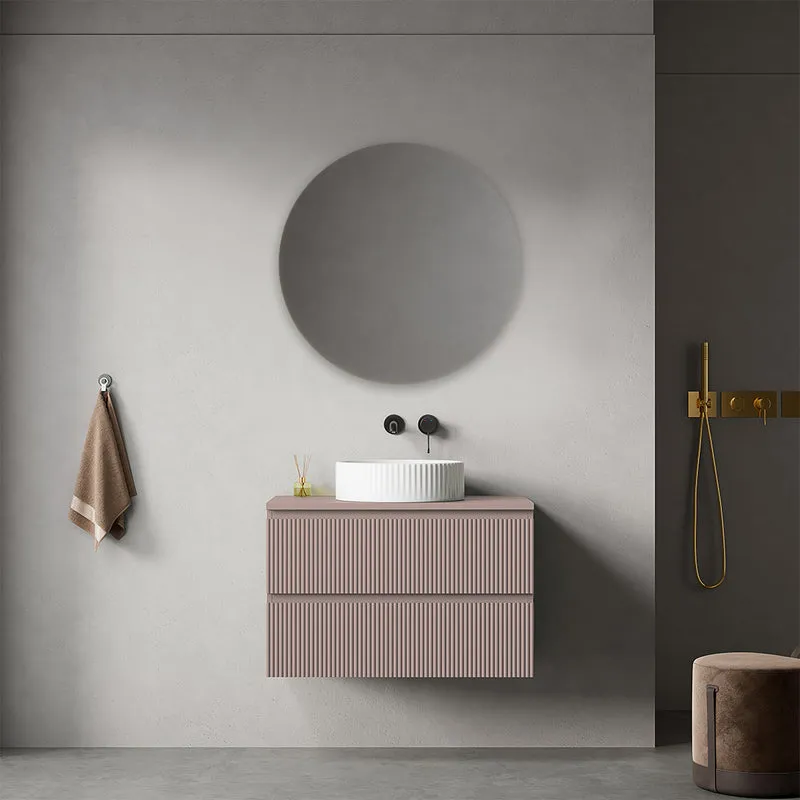 Mobile bagno sospeso cannettato 80 cm Rosa Retrò per Lavabo d'appoggio Specchio Tondo - Fiji Paint Top Canneté