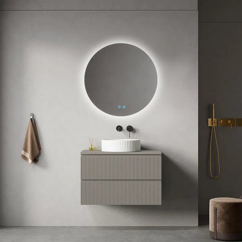 Mobile bagno sospeso cannettato 80 cm Grigio Cenere per Lavabo d'appoggio Specchio Tondo Retroilluminato - Fiji Paint Top Canneté