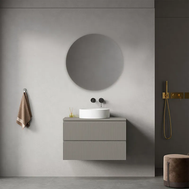 Mobile bagno sospeso cannettato 80 cm Grigio Cenere per Lavabo d'appoggio Specchio Tondo - Fiji Paint Top Canneté