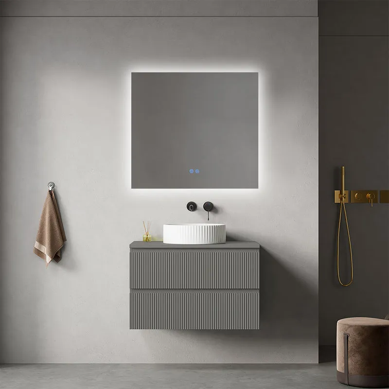 Mobile bagno sospeso cannettato 80 cm Grigio Londra per Lavabo d'appoggio Specchio Quadro Retroilluminato - Fiji Paint Top Canneté