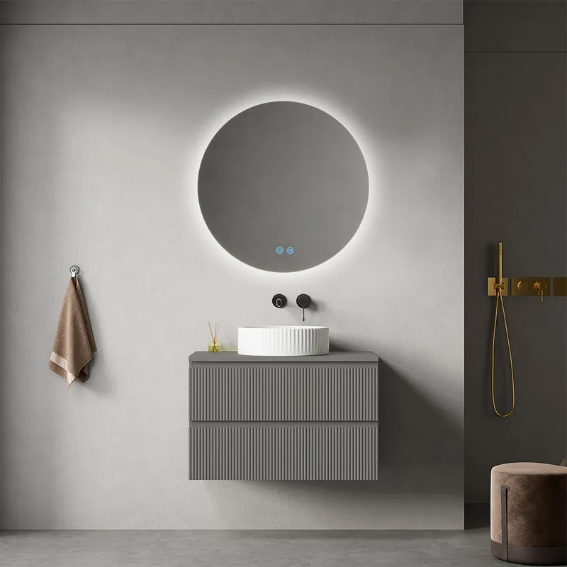 Mobile bagno sospeso cannettato 80 cm Grigio Londra per Lavabo d'appoggio Specchio Tondo Retroilluminato - Fiji Paint Top Canneté