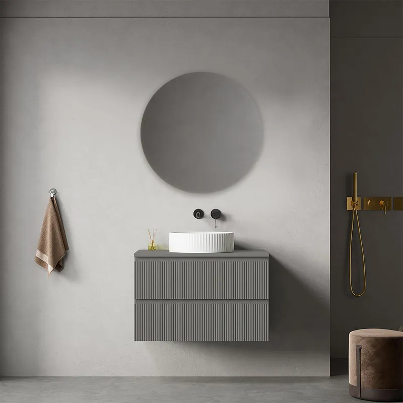 Mobile bagno sospeso cannettato 80 cm Grigio Londra per Lavabo d'appoggio Specchio Tondo - Fiji Paint Top Canneté