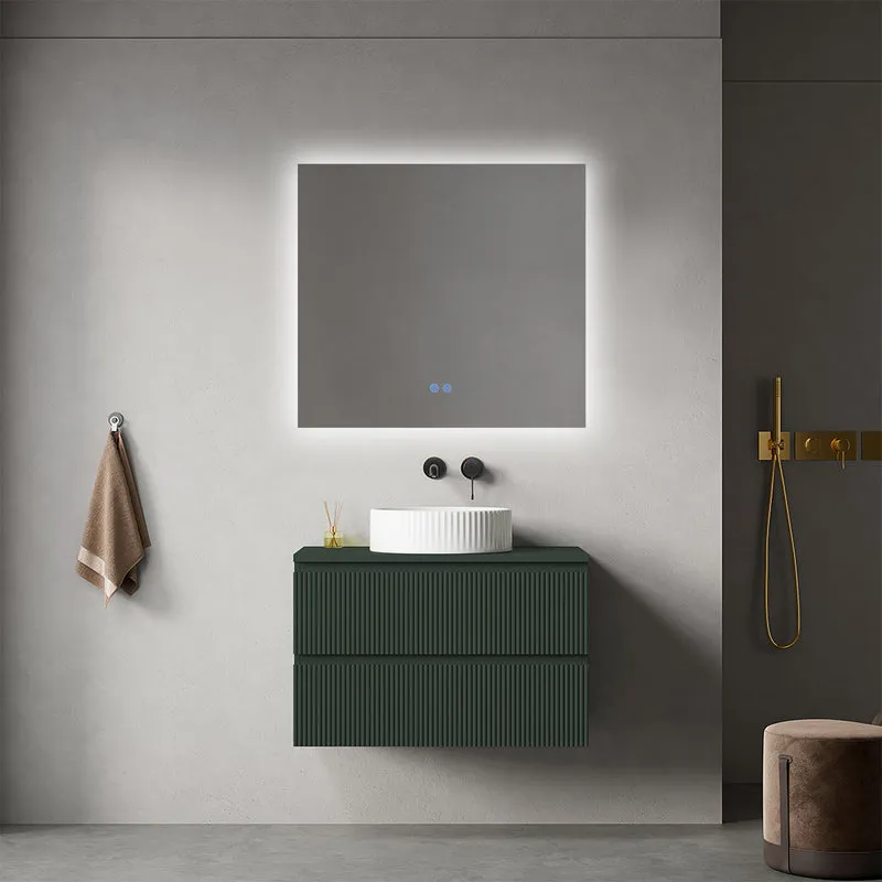 Mobile bagno sospeso cannettato 80 cm Verde Comodoro per Lavabo d'appoggio Specchio Quadro Retroilluminato - Fiji Paint Top Canneté