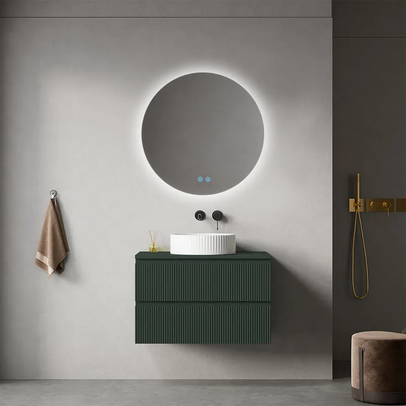 Mobile bagno sospeso cannettato 80 cm Verde Comodoro per Lavabo d'appoggio Specchio Tondo Retroilluminato - Fiji Paint Top Canneté