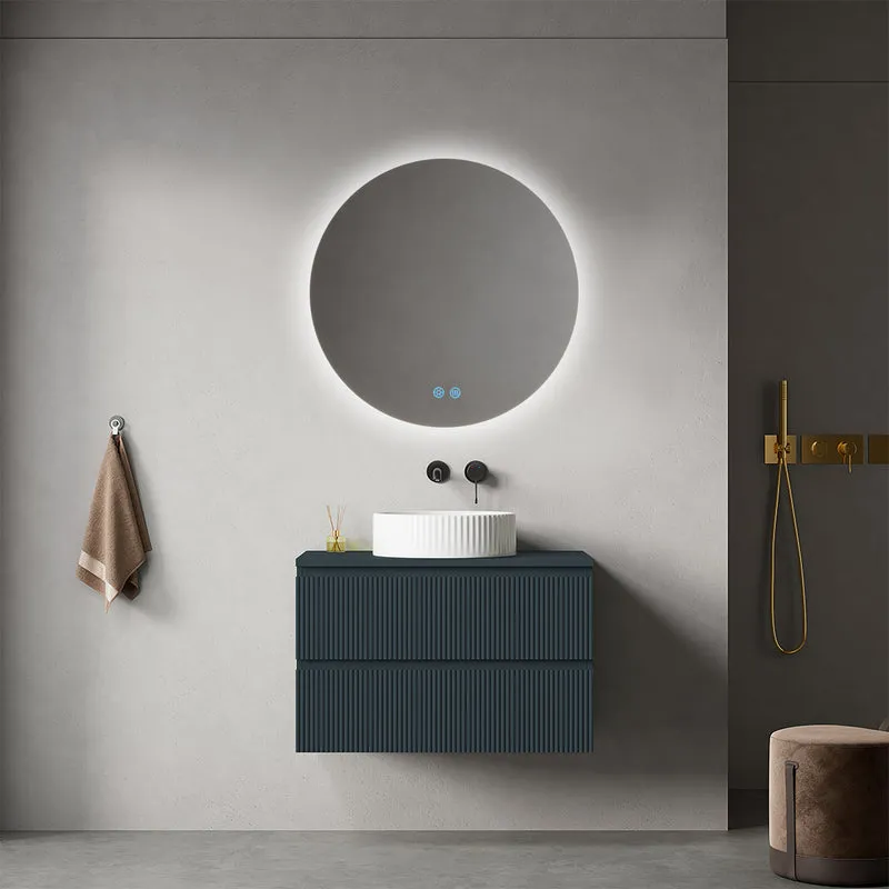 Mobile bagno sospeso cannettato 80 cm Blu Mare per Lavabo d'appoggio Specchio Tondo Retroilluminato - Fiji Paint Top Canneté