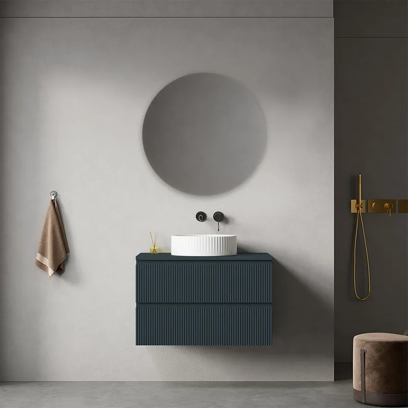 Mobile bagno sospeso cannettato 80 cm Blu Mare per Lavabo d'appoggio Specchio Tondo - Fiji Paint Top Canneté