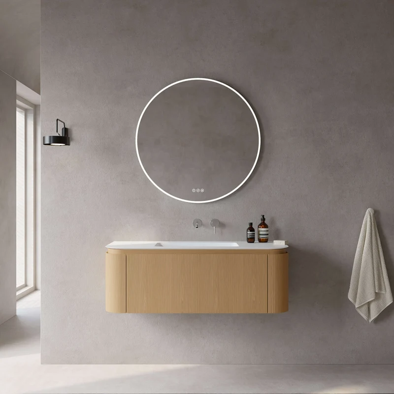 Mobile Bagno 120 cm Sospeso Rovere Chiaro Specchio Tondo Retroilluminato - Nooma