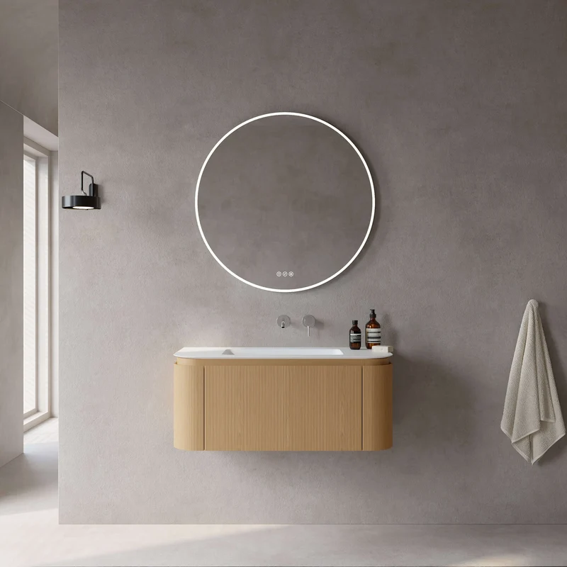 Mobile Bagno 100 cm Sospeso Rovere Chiaro Specchio Tondo Retroilluminato - Nooma