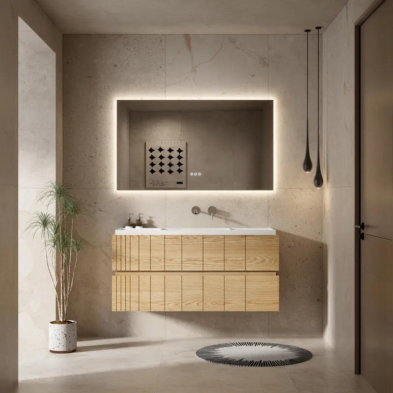 Mobile Bagno 120 cm Sospeso Rovere Chiaro Specchio Retroilluminato - Roshi