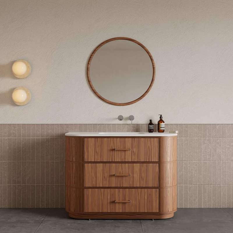 Mobile Bagno 120 cm A Terra Rovere Medio Con Specchio Tondo - Naru