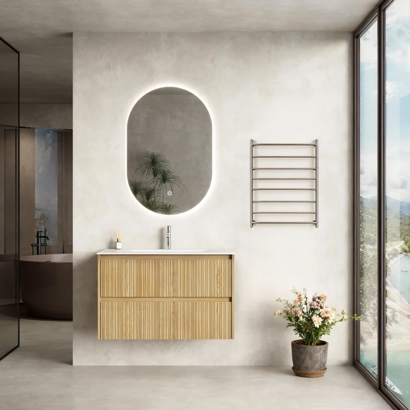 Mobile Bagno Sospeso 90 cm Rovere Chiaro Specchio Ovale Retroilluminato - Pace Plus