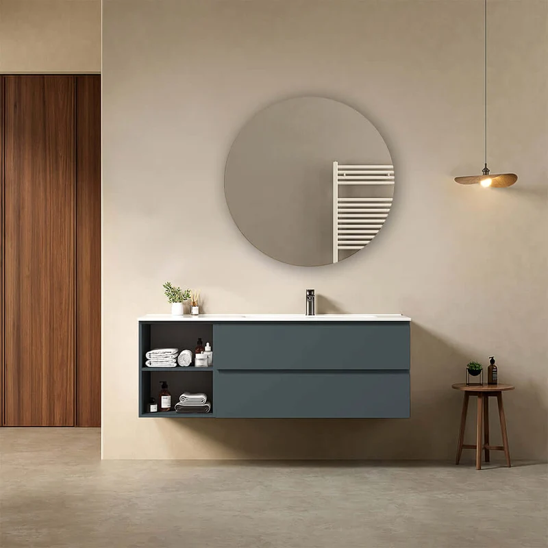 Mobile bagno sospeso 140 cm Blu Mare Lavabo a Destra in Resina Specchio Tondo - Fiji Paint Plus