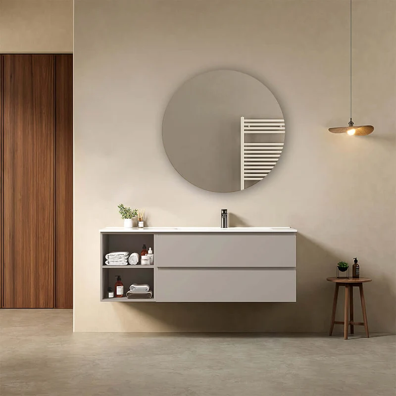 Mobile bagno sospeso 140 cm Grigio Cenere Lavabo a Destra in Resina Specchio Tondo - Fiji Paint Plus