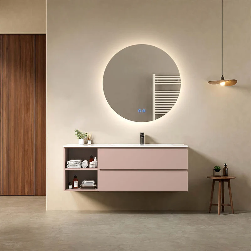 Mobile bagno sospeso 140 cm Rosa Retro Lavabo a Destra in Resina Specchio Tondo Retroilluminato - Fiji Paint Plus