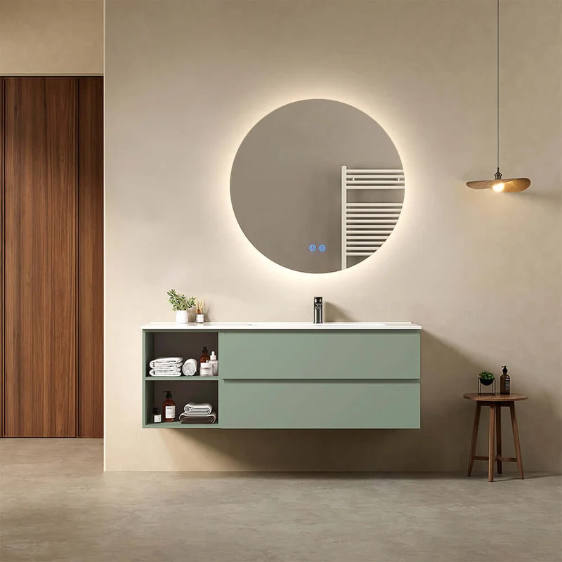 Mobile bagno sospeso 140 cm Verde Salvia Lavabo a Destra in Resina Specchio Tondo Retroilluminato - Fiji Paint Plus
