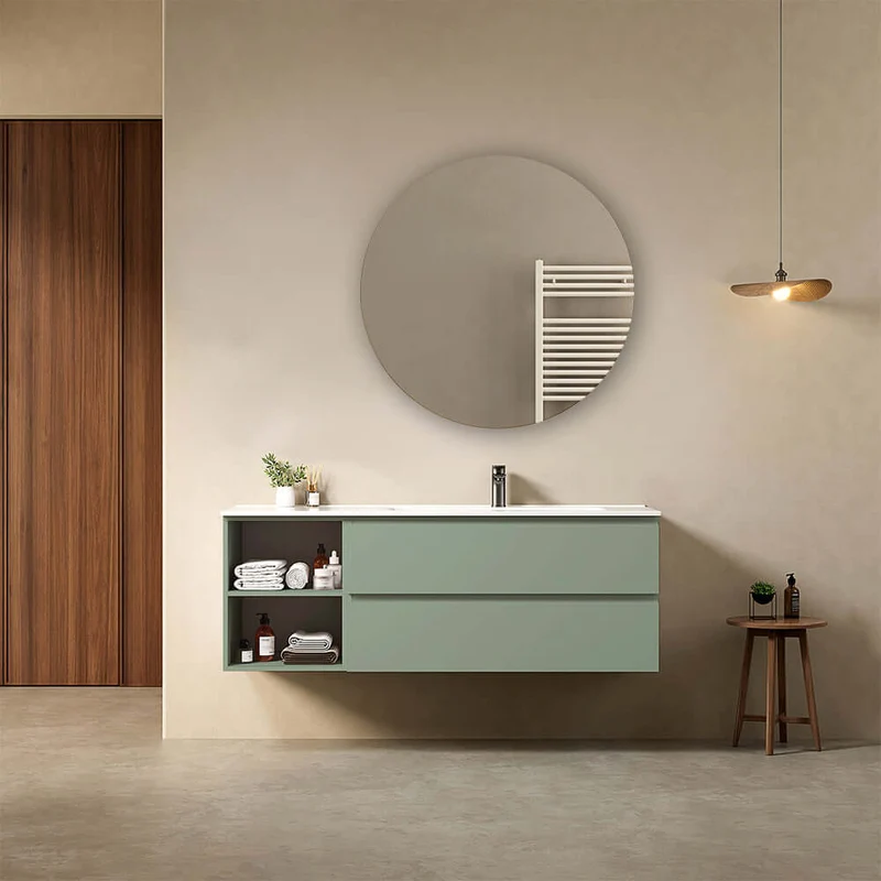 Mobile bagno sospeso 140 cm Verde Salvia Lavabo a Destra in Resina Specchio Tondo - Fiji Paint Plus