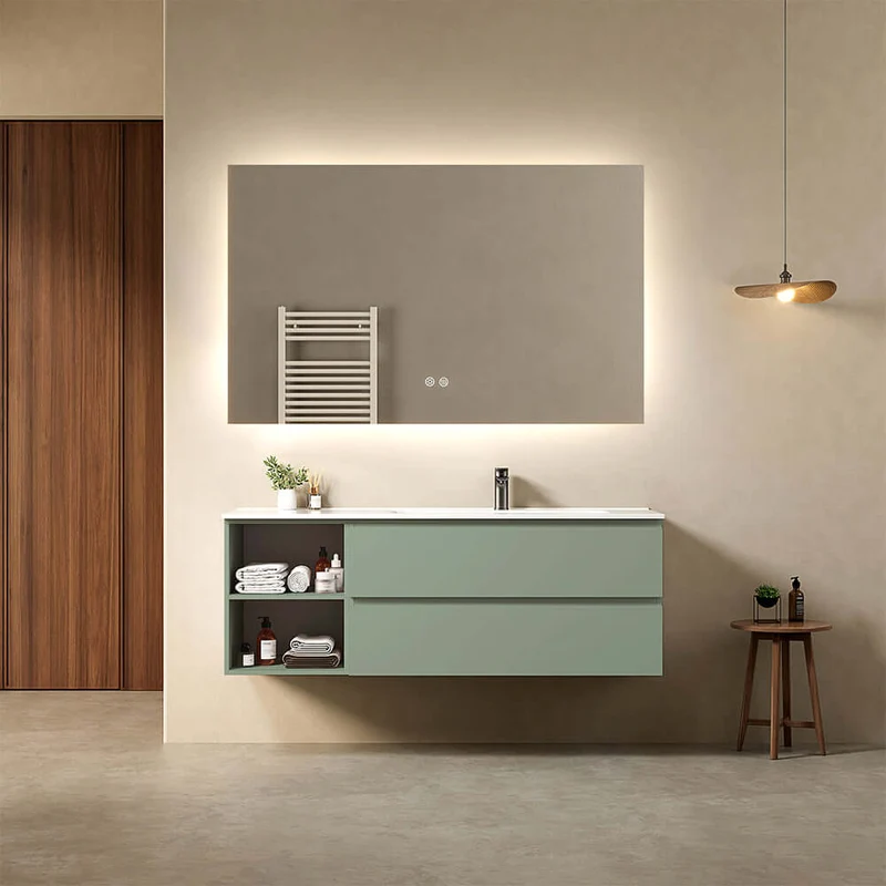Mobile bagno sospeso 140 cm Verde Salvia Lavabo a Destra in Resina Specchio Quadro Retroilluminato - Fiji Paint Plus