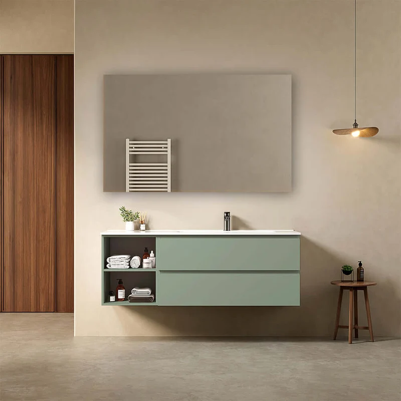 Mobile bagno sospeso 140 cm Verde Salvia Lavabo a Destra in Resina Specchio Quadro - Fiji Paint Plus