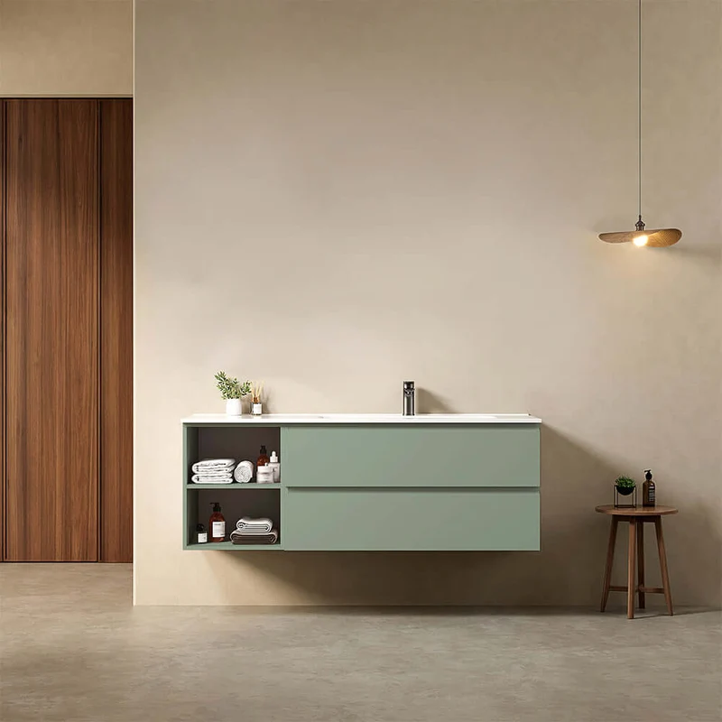 Mobile bagno sospeso 140 cm Verde Salvia Lavabo a Destra in Resina Senza Specchio - Fiji Paint Plus