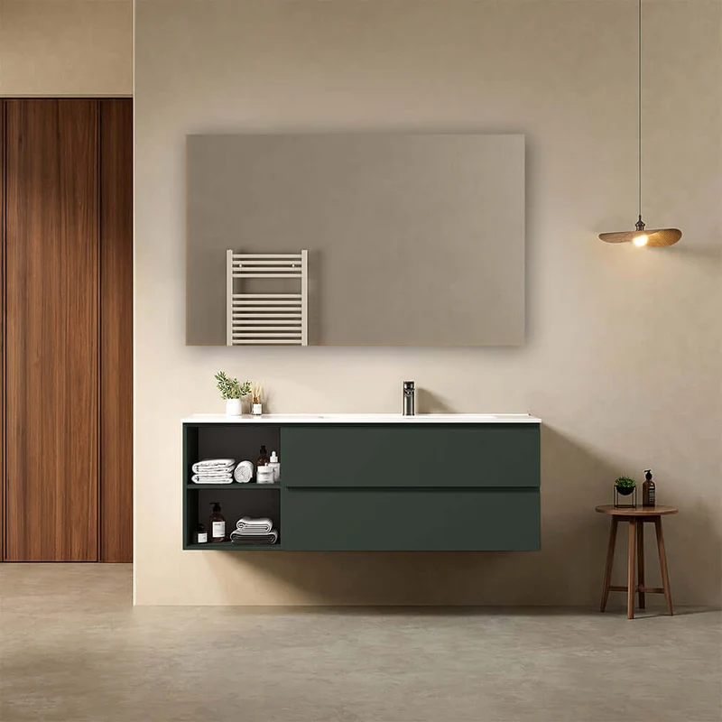 Mobile bagno sospeso 140 cm Verde Comodoro Lavabo a Destra in Resina Specchio Quadro - Fiji Paint Plus