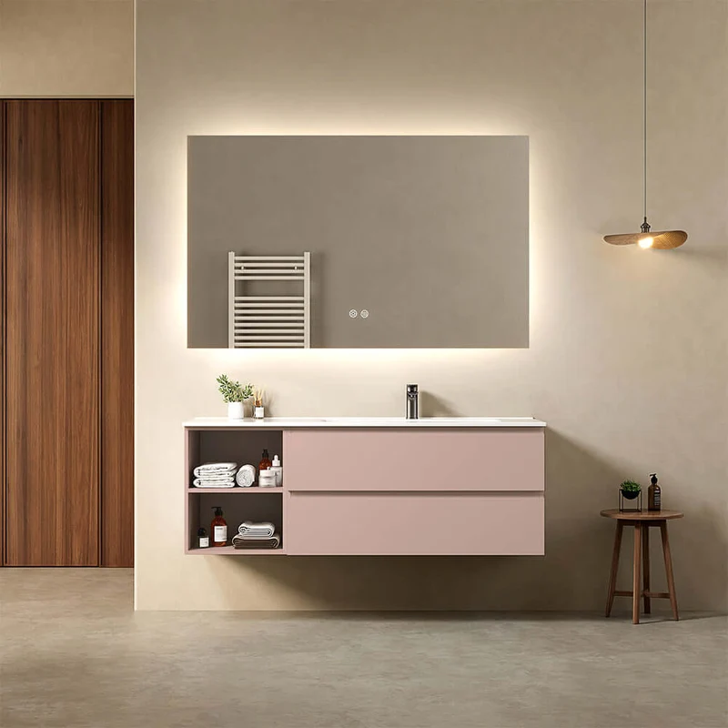 Mobile bagno sospeso 140 cm Rosa Retro Lavabo a Destra in Resina Specchio Quadro Retroilluminato - Fiji Paint Plus