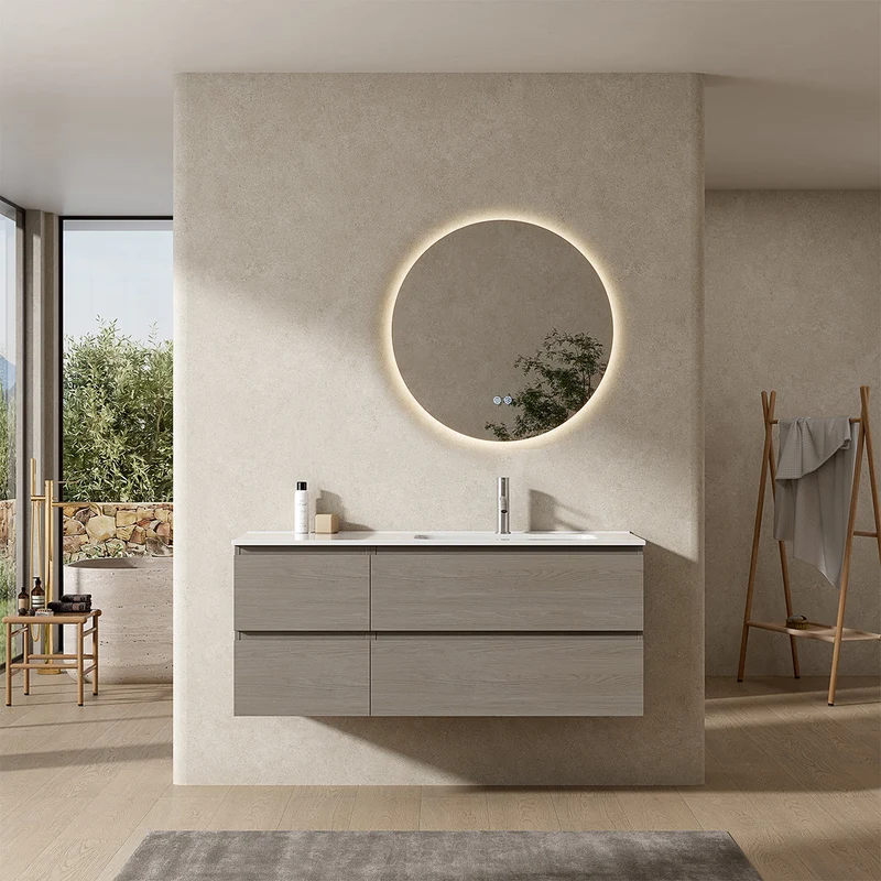Mobile bagno sospeso 120 cm Beige Lavabo a Destra in Ceramica Specchio Tondo Retroilluminato - Fiji Wood