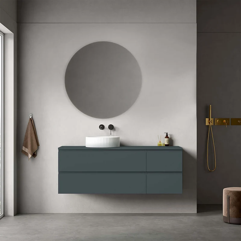 Mobile bagno sospeso reversibile 140 cm Blu Mare per Lavabo d'appoggio Specchio Tondo - Fiji Paint Top