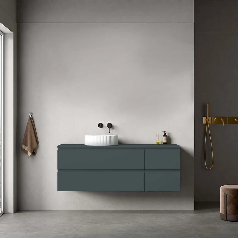 Mobile bagno sospeso reversibile 140 cm Blu Mare per Lavabo d'appoggio Senza Specchio - Fiji Paint Top