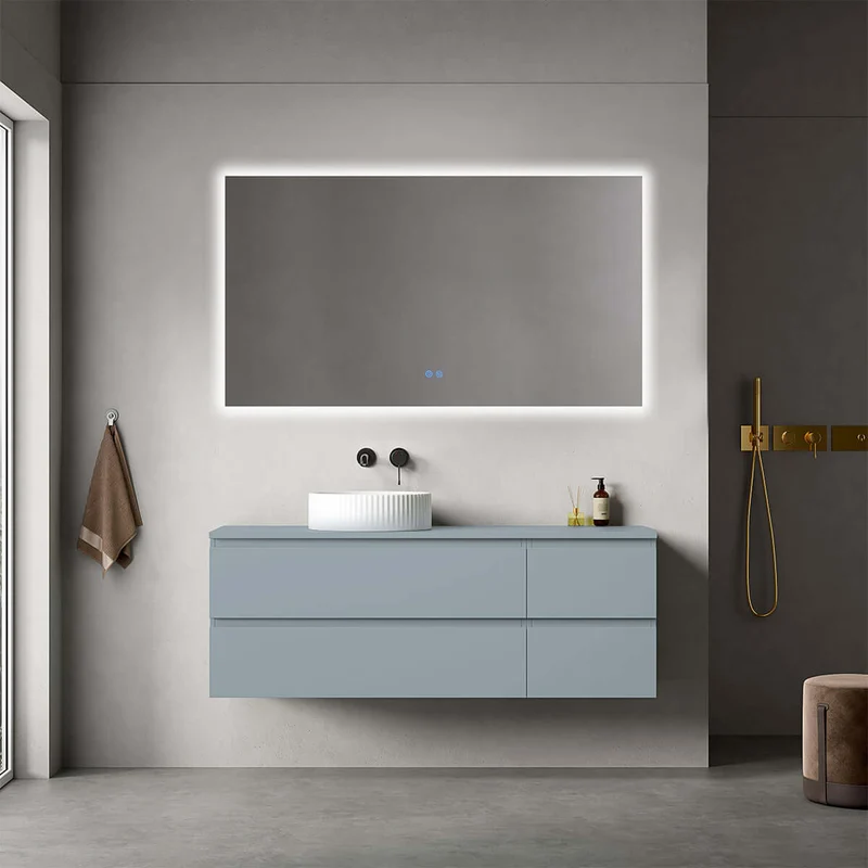 Mobile bagno sospeso reversibile 140 cm Blu Avio per Lavabo d'appoggio Specchio Quadro Retroilluminato - Fiji Paint Top