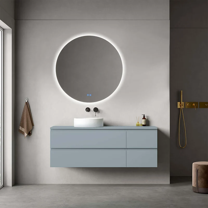 Mobile bagno sospeso reversibile 140 cm Blu Avio per Lavabo d'appoggio Specchio Tondo Retroilluminato - Fiji Paint Top