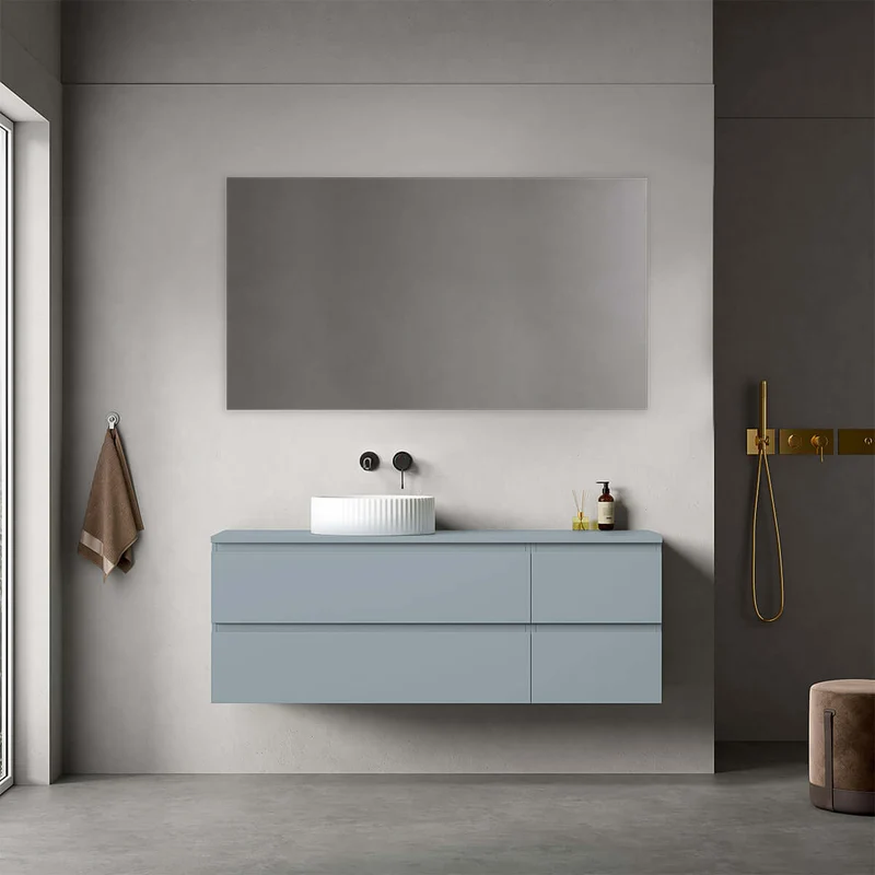 Mobile bagno sospeso reversibile 140 cm Blu Avio per Lavabo d'appoggio Specchio Quadro - Fiji Paint Top