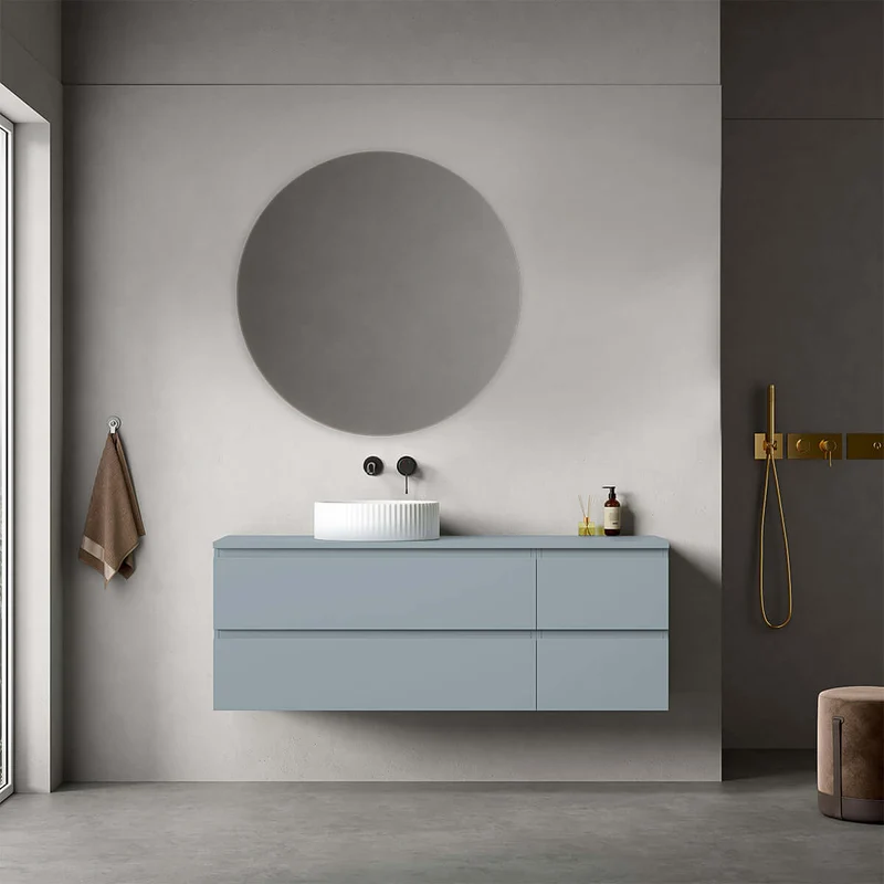 Mobile bagno sospeso reversibile 140 cm Blu Avio per Lavabo d'appoggio Specchio Tondo - Fiji Paint Top