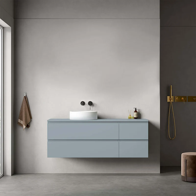 Mobile bagno sospeso reversibile 140 cm Blu Avio per Lavabo d'appoggio Senza Specchio - Fiji Paint Top