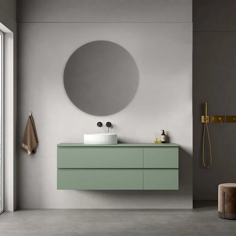 Mobile bagno sospeso reversibile 140 cm Verde Salvia per Lavabo d'appoggio Specchio Tondo - Fiji Paint Top