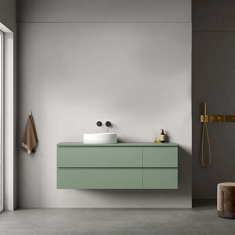 Mobile bagno sospeso reversibile 140 cm Verde Salvia per Lavabo d'appoggio Senza Specchio - Fiji Paint Top
