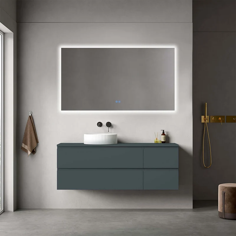 Mobile bagno sospeso reversibile 140 cm Blu Mare per Lavabo d'appoggio Specchio Quadro Retroilluminato - Fiji Paint Top