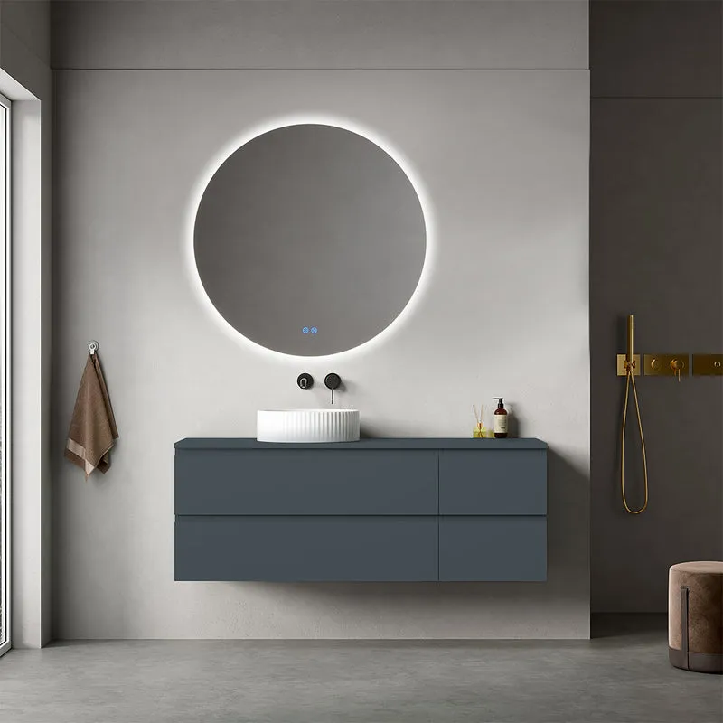 Mobile bagno sospeso reversibile 140 cm Blu Mare per Lavabo d'appoggio Specchio Tondo Retroilluminato - Fiji Paint Top