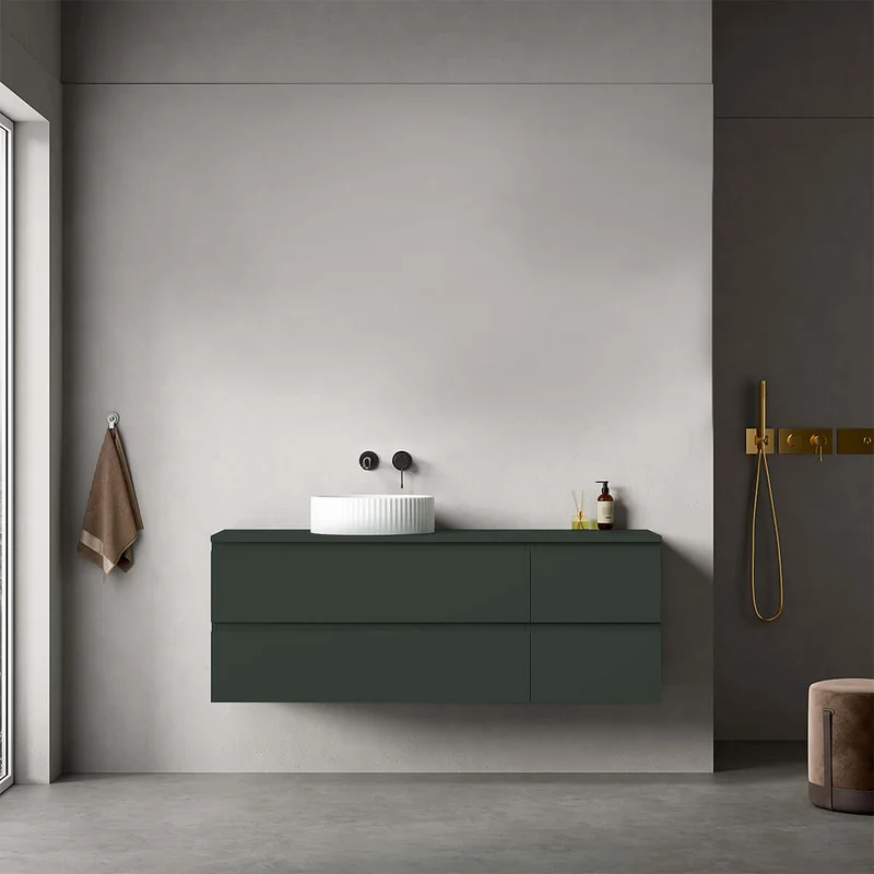 Mobile bagno sospeso reversibile 140 cm Verde Comodoro per Lavabo d'appoggio Senza Specchio - Fiji Paint Top