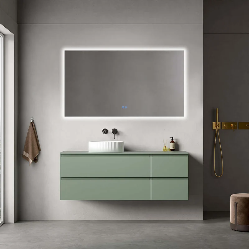 Mobile bagno sospeso reversibile 140 cm Verde Salvia per Lavabo d'appoggio Specchio Quadro Retroilluminato - Fiji Paint Top