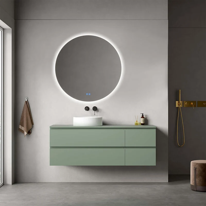 Mobile bagno sospeso reversibile 140 cm Verde Salvia per Lavabo d'appoggio Specchio Tondo Retroilluminato - Fiji Paint Top