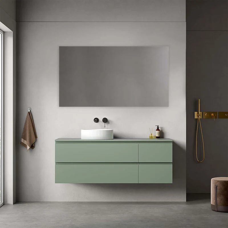 Mobile bagno sospeso reversibile 140 cm Verde Salvia per Lavabo d'appoggio Specchio Quadro - Fiji Paint Top