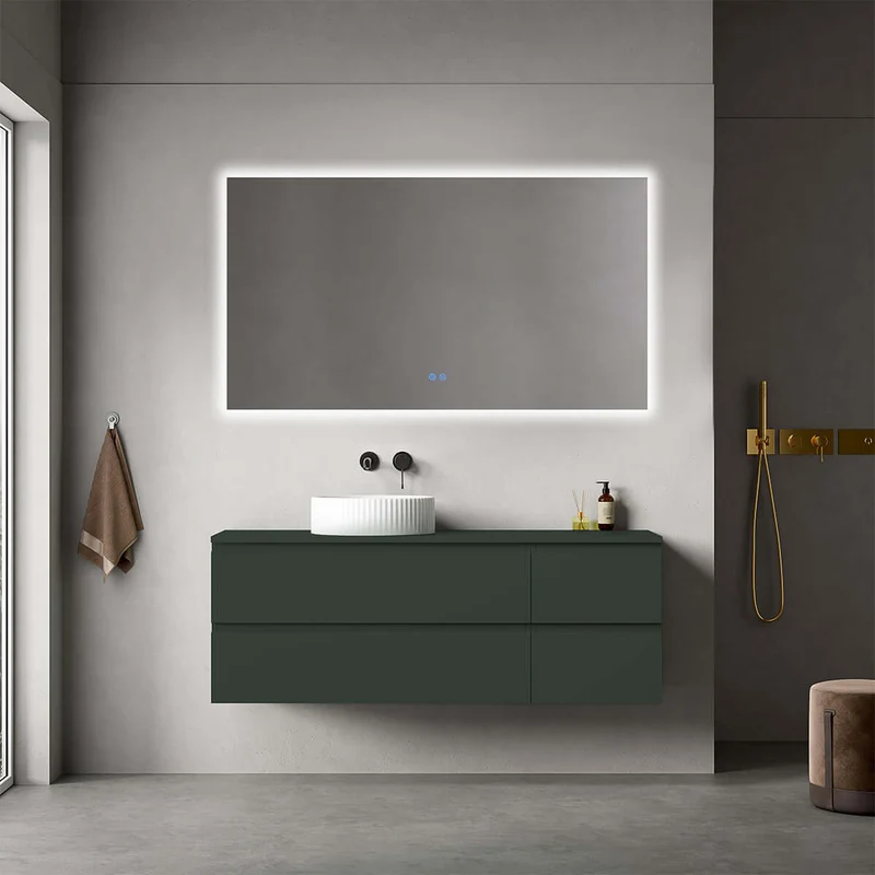 Mobile bagno sospeso reversibile 140 cm Verde Comodoro per Lavabo d'appoggio Specchio Quadro Retroilluminato - Fiji Paint Top
