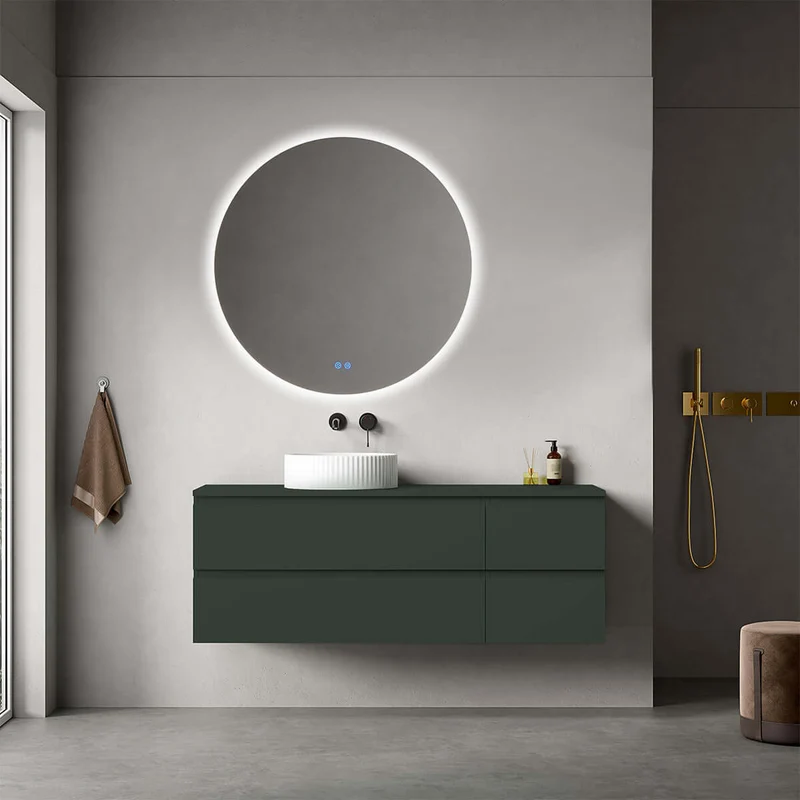 Mobile bagno sospeso reversibile 140 cm Verde Comodoro per Lavabo d'appoggio Specchio Tondo Retroilluminato - Fiji Paint Top